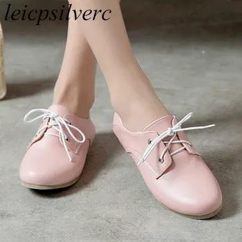 

Women's Flats Loafers Shoe Round Toe Lace Up Spring Autumn Pu 2019 Sexy New Fashion Casual Black White Sky Blue Big Size 34-43