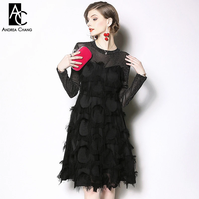 

S-XXL spring summer woman dress transparent shoulder sleeve circular pattern tassel applique body black dress knee length dress