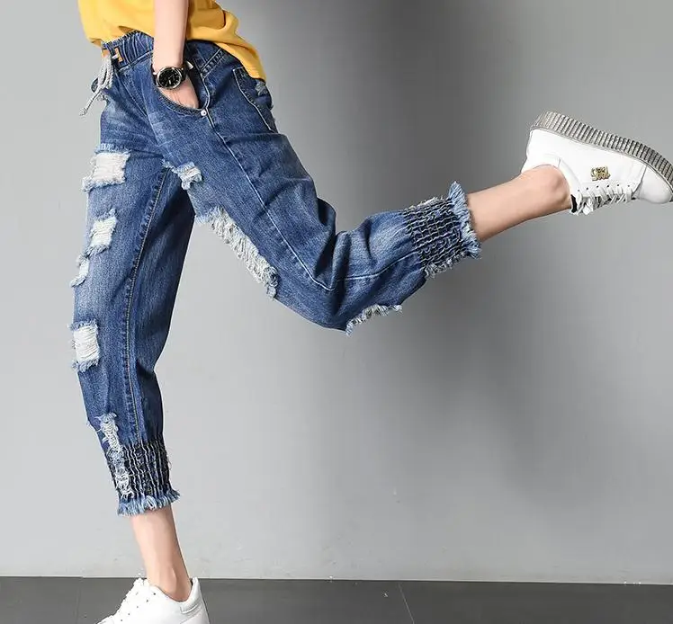 Дырки в джинсах женские новые летние свободные шаровары неплотно прилегающие штаны семь джинсов
