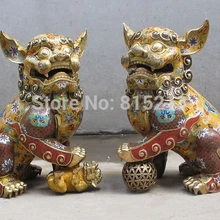 Bi001015 1" Китай царственной стиле бронзовый позолоченный перегородчатой размахивать Foo Dog Лев Пара статуя