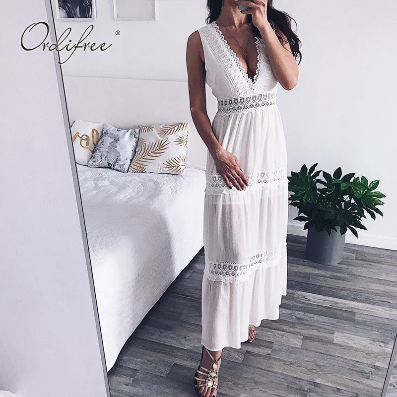 

Ordifree 2019 Summer Women Long Chiffon Dress Sleeveless Sexy Backless White Lace Crochet Maxi Beach Dress