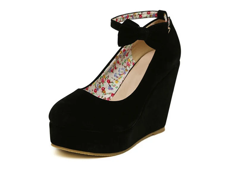 Новые Элегантные женские свадебные модельные туфли-лодочки на высоком каблуке; женские туфли из флока на платформе с пряжкой и ремешком на щиколотке; большие размеры 36-43 - Цвет: Black