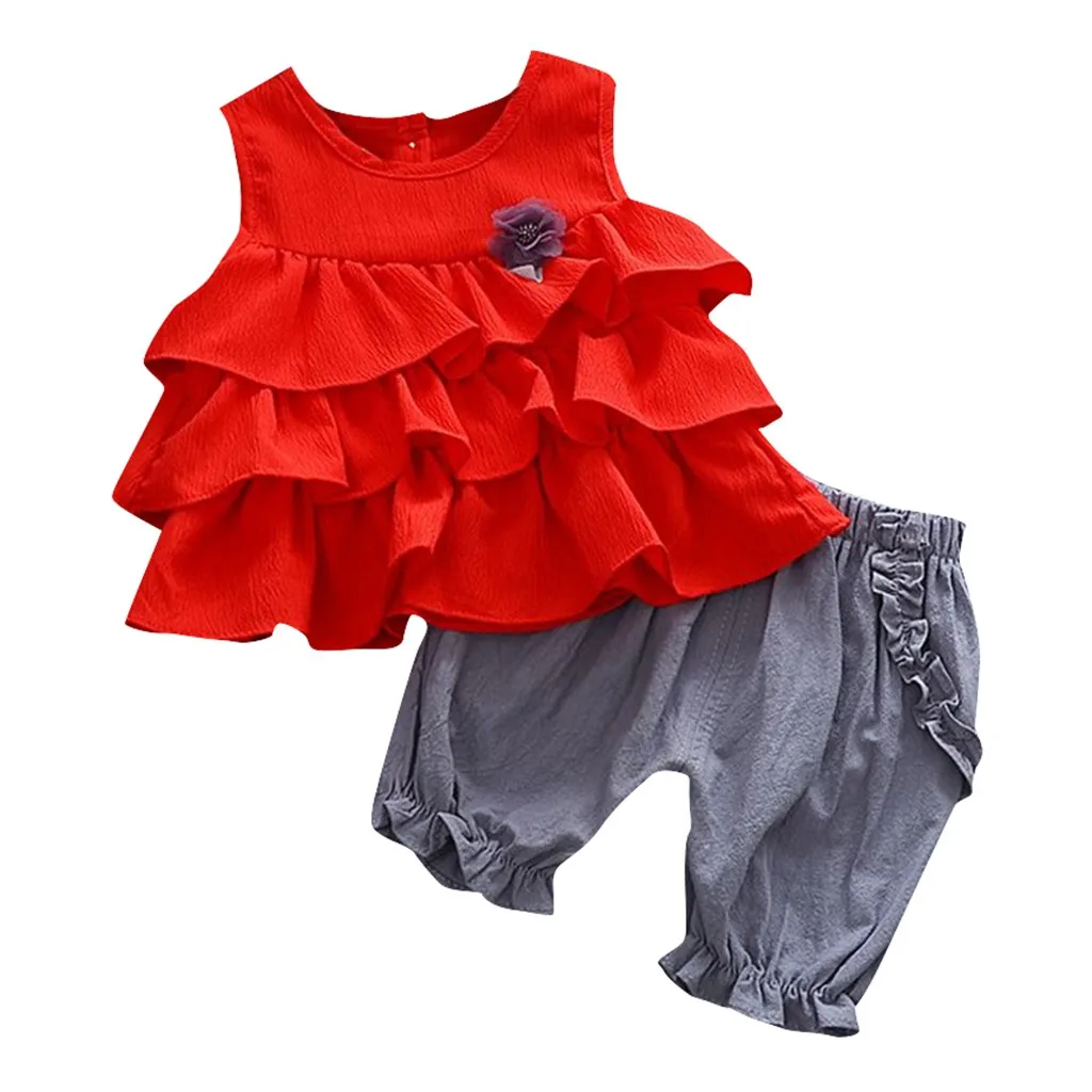 

MUQGEW 2019 Toddler Kids Baby Girls Ruffles Flowers sleeveless Tops +Solid Ruched Shorts Pants Outfits baby girl clothes summer