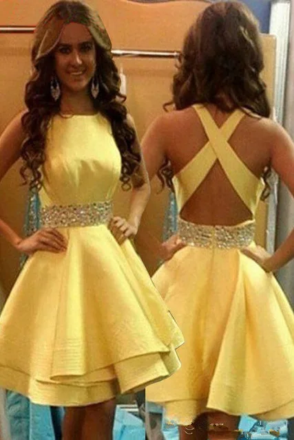 

Yellow Short Party Dresses 2016 Beaded Sleeveless A-line Knee-Length Prom Gown Criss-cross Backl Evening Dress Vestidos de baile