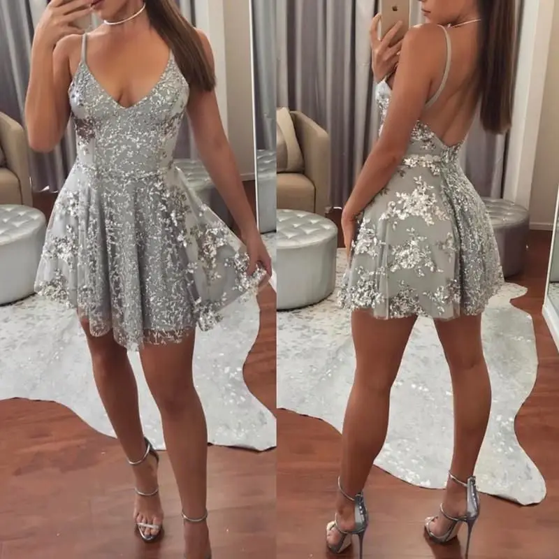 

Sexy Cocktail Dresses Female Spaghetti Straps V-Neck Backless Vestidos Coctel Mujer 2018 Women Shiny Sequined Mini Robe Cocktail