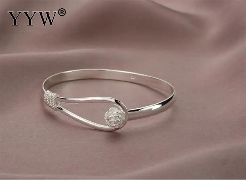 Fashion Romantic Silver Plated Rose Cherry Flower Carve Chain Cuff Bangle Bracelet For Women Simple Gift 925 Caved Jewelry