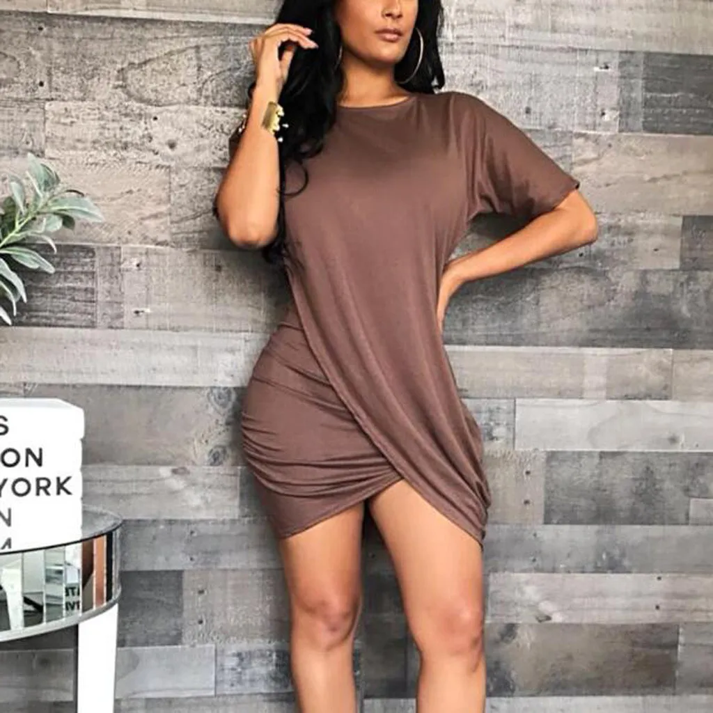 Женское асимметричное пляжное платье vetement femme однотонное мини с круглым вырезом