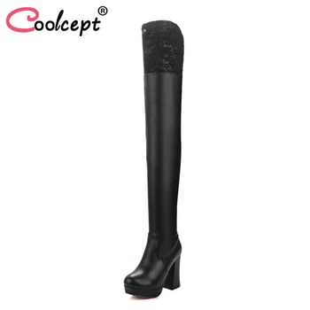 

Coolcept Sexy Women High Heels Boots Platform Fur Winter Warm Shoes Patchwork Over Knee Boots Fashion Women Footwear Size 34-43