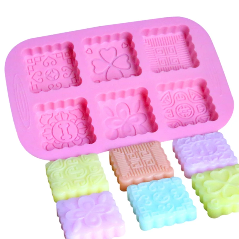 

6 Holes 3D Round Square Flower Lace Shape Silicone Soap Moulds Handmade Soap Making Tool Fondant Cake Baking Tools 2 Style