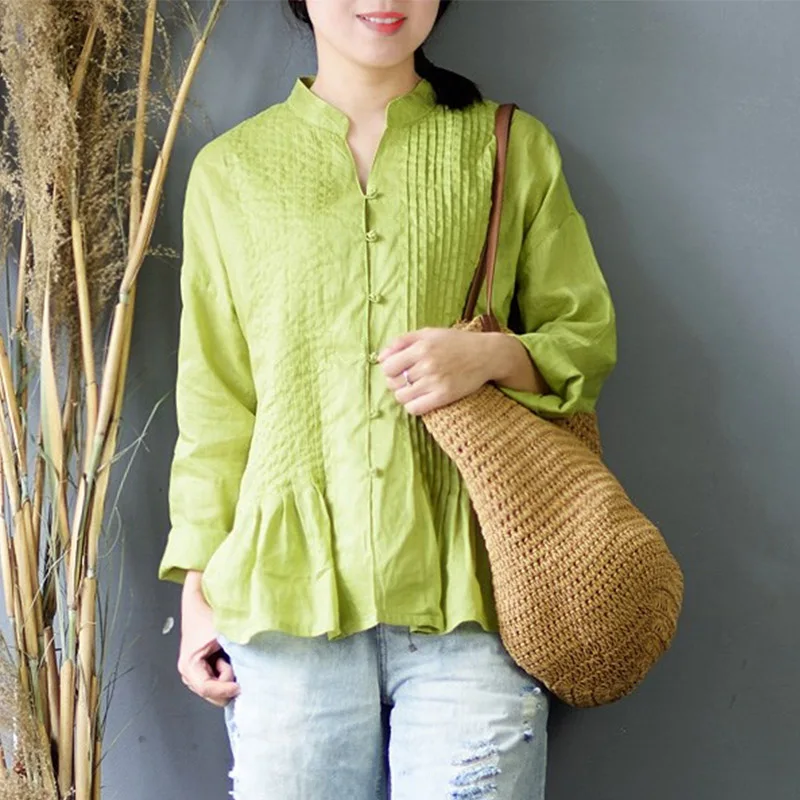 

SCUWLINEN 2019 Spring Autumn Women Blouse Vintage Casual Solid Long-sleeve Loose Zen Ramie Shirt for Women Vestidos S547