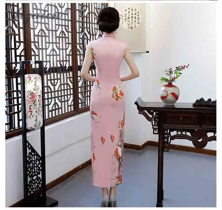 2019 Новый печати Cheongsam подобные шелковые длинные платья Oriental стиль Qipao для женщин китайское традиционное платье винтажное платье Qi Pao