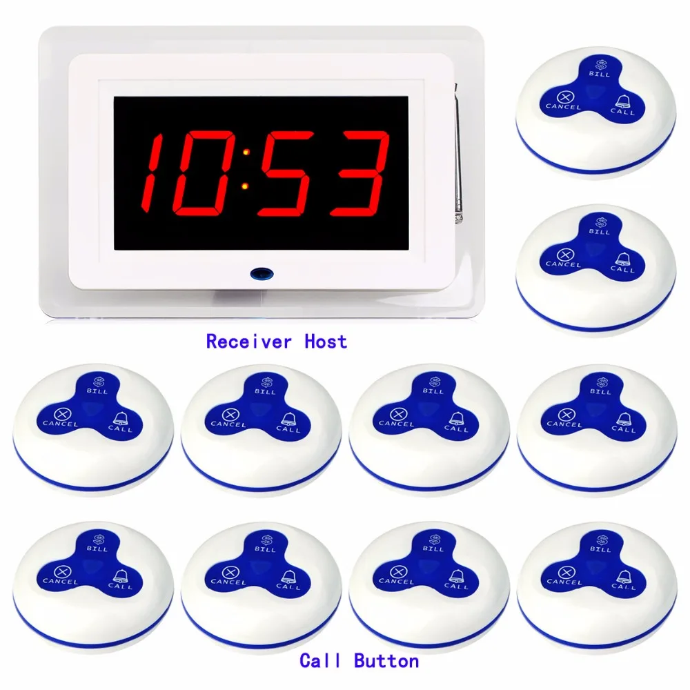

Restaurant Calling System Waiter Wireless Pager With 1pc Receiver Display+10pcs Call Bell Button Transmitter Catering System