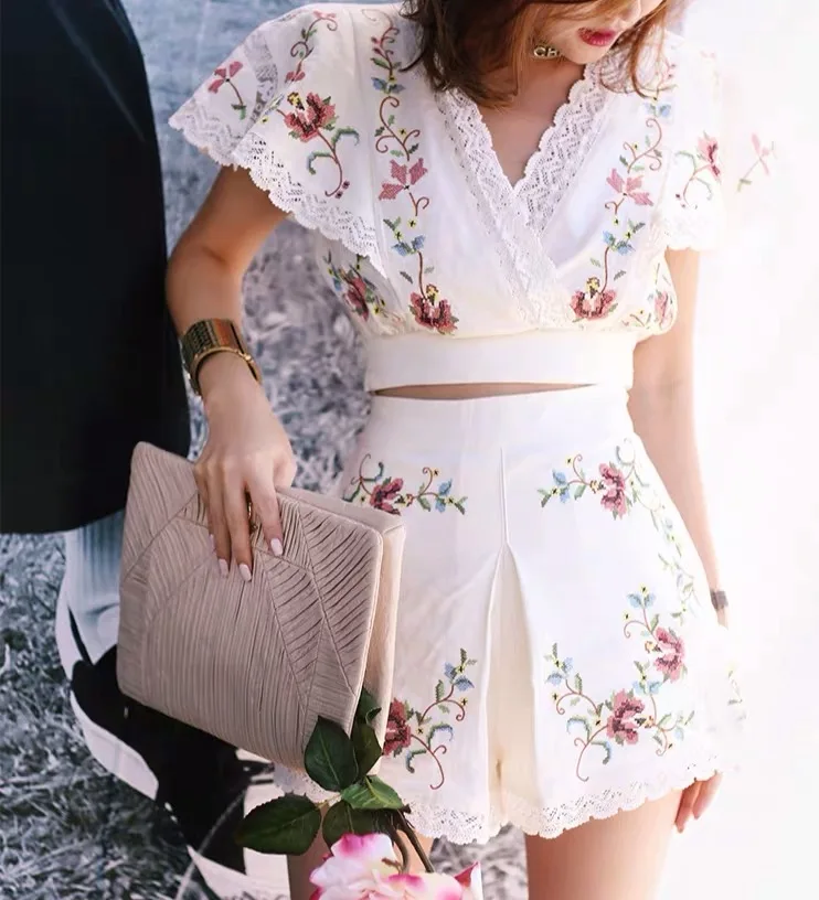 

EXCOSMIC Women Beach Embroidery Deep V-neck Print Straps Waist Short Jacket High Waist Pants Suit Women Clothing Runway Designer
