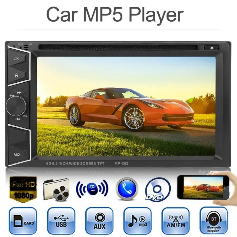 

Universal Car Multimedia Player 6.2in TFT Screen Hands Free Calling Bluetooth In-dash Car Stereo MP5 AUX FM Radio DVD Player