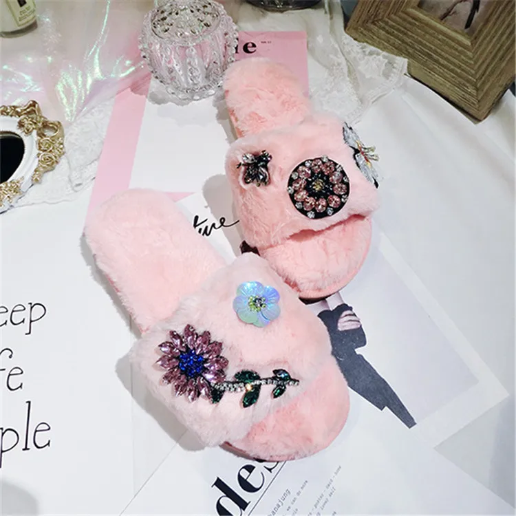 Women Indoor Slippers Shoes Flower Bee Rhinestone White Crystal Shoes Princess Ladies Autumn Winter Warm Plush Slippers M8G15 (9)