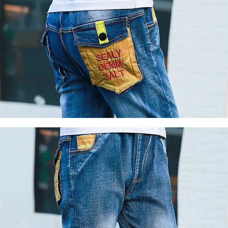 4 2019 Kids Boys Jeans Denim Pants Trousers Teens Letters Pockets Solid Navy Blue Spring Casual Elastic Waist Children Clothing