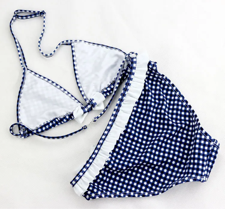 Summer Children's Two Pieces Swimsuit Girls Cute Swimwear Kids Infant Lovely Plaid Princess Bikini Suits For Big Girl 6-16Y