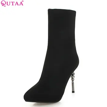 

QUTAA 2019 Socks Boots Thin High Heel Pu Leather Pointed Toe Women Mid Calf Boots Winter Shoes Women Motorcycle Boots Size 34-43