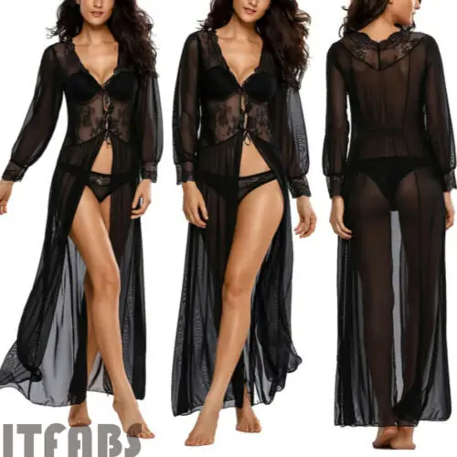 

Women Sheer Lace Bikini Cover-up Summer Cardigan Swimwear Beach Long Dress
