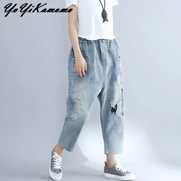 

YoYiKamomo Cotton Linen 2018 Women Trousers Original Embroidery Vintage Loose Elastic Waist Jeans Casual Loose Women Pants