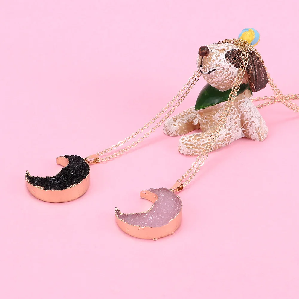 

1PC Pink Black Moon Resin Stone Pendant Necklace Women Druzy Drusy Gold Color Chain Necklace for Female Link Chain