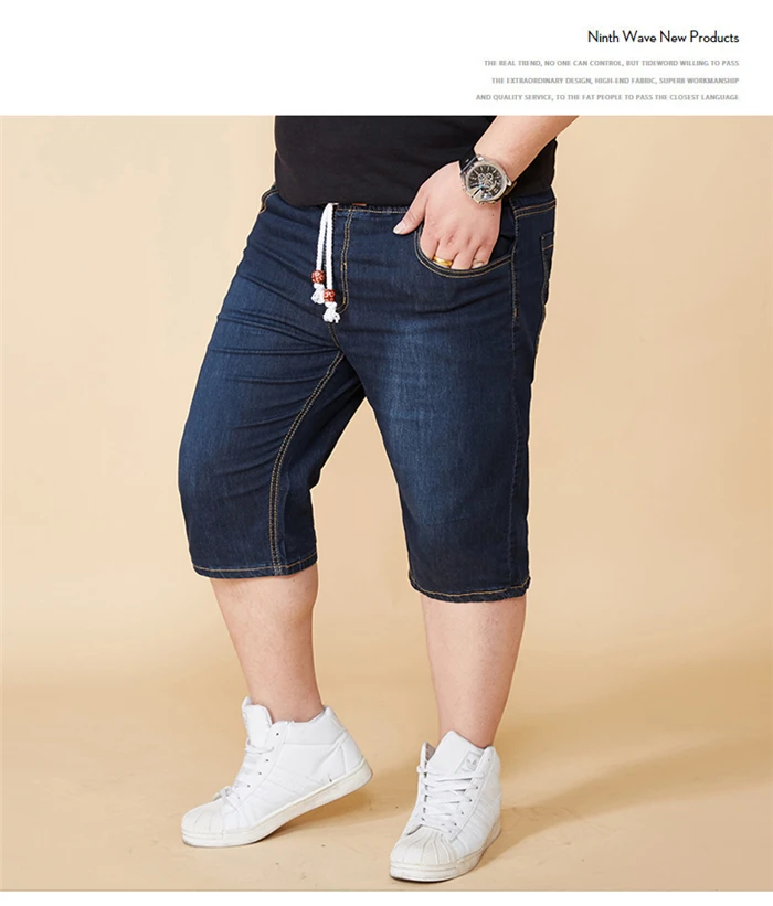 Большие размеры 44, 46, 48, лето, новые мужские джинсовые шорты, модные хлопковые эластичные черные, синие джинсы, повседневная мужская одежда