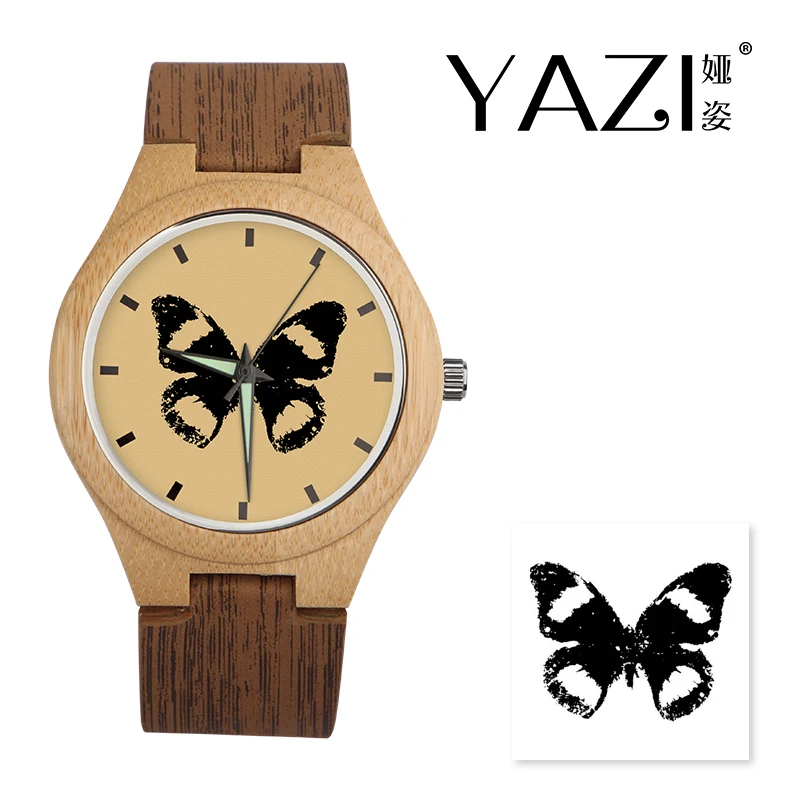 

YAZI DIY Wooden Watch Butterfly Quartz Watch Natural Bamboo Wood Case Wood Stripe Band Wrist Watches Memory Gift For Friend