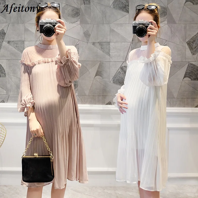 2017 Spring Plus Size Long Sleeved Lace Maternity Dresses Clothing Pleated Loose Bottoming Tops For Pregnant Women Clothes | Мать и