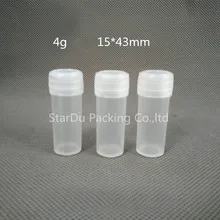 O Envio gratuito de 1000 Pçs/lote 4g pequena garrafa, 15*43mm tubo de plástico mini, 4cc plstic recipiente atacado