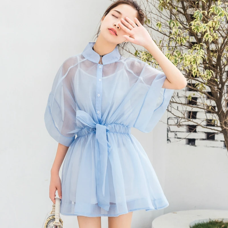 Tataria, женское повседневное свободное платье-футболка с коротким рукавом, женское кружевное Сетчатое платье, женские мини платья трапециевидной формы с поясом и круглым вырезом - Цвет: Light blue