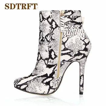 

SDTRFT Autumn Winter warm 12cm thin heels martin Snake print Ankle boots Ladies shoes Woman Crossdresser party pumps Plus:35-43