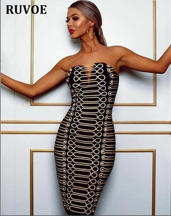 

Wholesale 2018 New Dress Black Strapless Buttons Fashion Luxury Casual Woman Cocktail Party Bandage dress Q-19