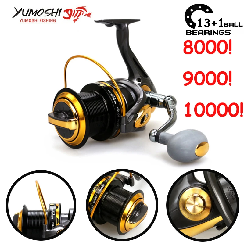 

Yumoshi 8000-10000 4.1:1 13+1BB Spinning wheel Fishing Reels Feeder All metal CNC rocker arm surf casting Reel Moulinet