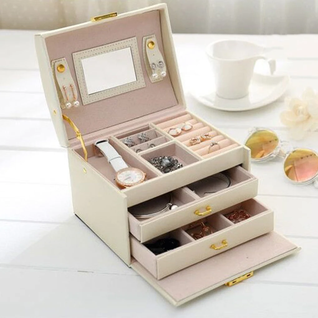 

New Portable 3 Layer Jewelry Display Makeup Packaging Casket Box Organizer Container With Mirror