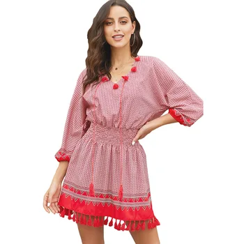 

2019 New Cover Up Beach Woman Bikini Swimsuit Red Summer 3/4 Sleeves Tassel-tie Dress Women V Neck Bathing Suit Beachwear