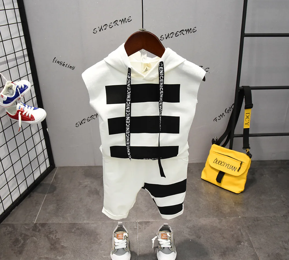 New Summer Children Sports Clothing For Boys Clothes Set Casual Active Baby Boy Outfits Stripe Hooded Tops Shorts 2pcs Kids Suit (5)