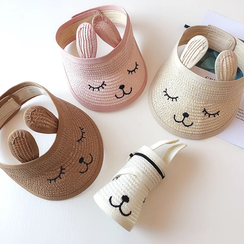 Chapéu de palha dobrável de verão coelho bebê fofo ajustável chapéu de sol infantil para meninos meninas boné infantil 1 peça_voghion.com