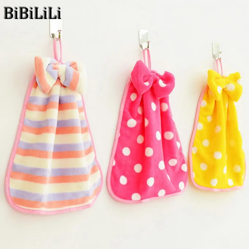 

Cute Bow-knot Hanging Hand Towels Kitchen Towel Coral Velvet Absorbent Lint-Free Cloth Non-Stick Oil Dish Washing Cloth For Home