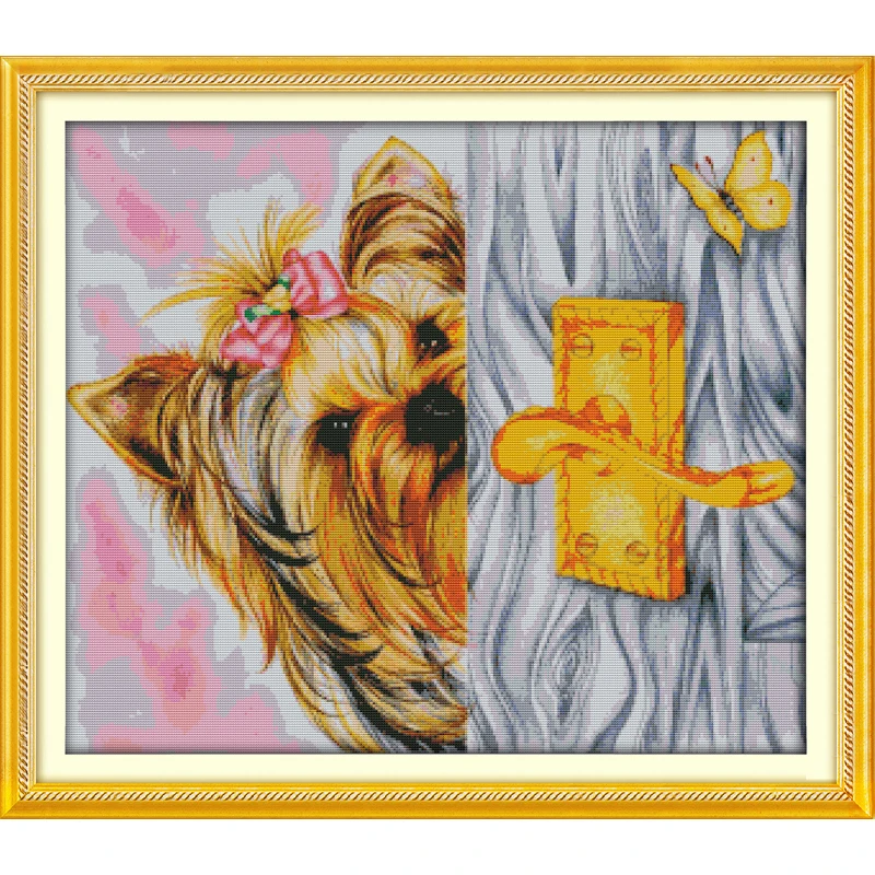 

Everlasting love Dog playing hide and seek Chinese cross stitch kits Ecological cotton stamped printed DIY new year decorations
