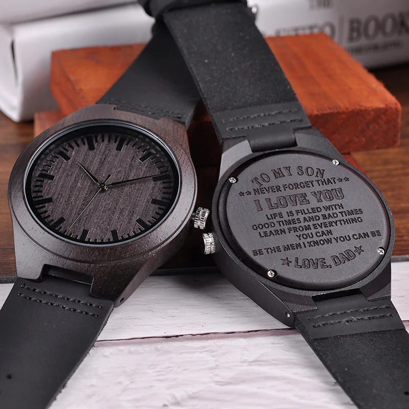 Men Watches Creative Design Logo Engrave on Wood Watch Groomsman Idea Gifts Leather Strap Casual Clock Relogio Masculino D26