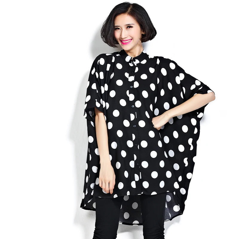 Women Batwing Sleeve Shirt Dress Polka Dot Loose Blouse Oversize Shirt Tops Plus