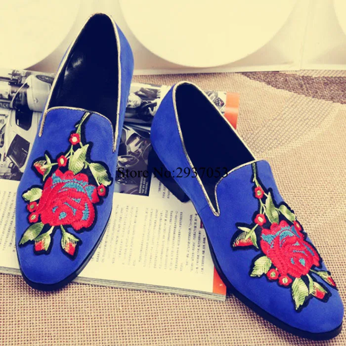 

2017 Newest Designs France Brand Suede Blue Mens Dress Shoes Red Bottom Loafers Shoes With Embroidery Flower