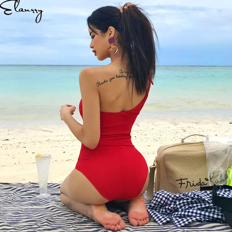

Women Solid Push Up Swimsuit Sexy One Shoulder Swimwear Vintgae Ladies Beach Wear 2019 Mujer Bodysuits Maillot De Bain