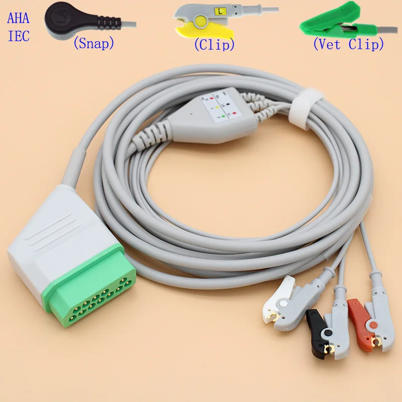 

12P Nihon Kohden ECG EKG one-piece trunk cable and leadwire for BSM-2301/2353/5100,snap/clip/animal VET clip end,AHA/IEC.