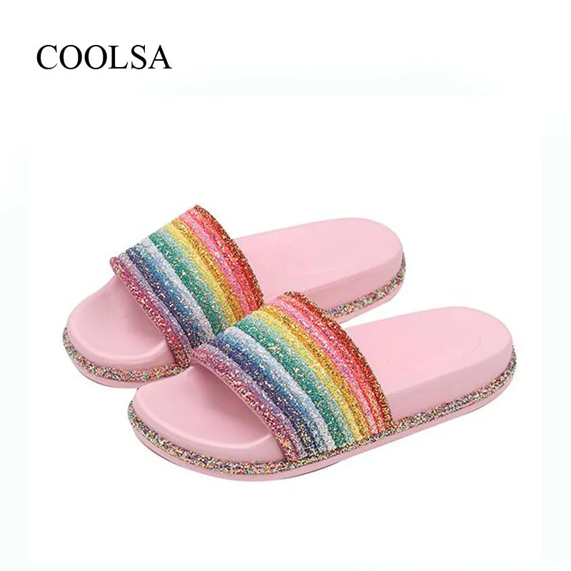 

COOLSA Women Summer Non-slip Flat Rainbow Slippers Women Outdoor Thick Soles Beach Flip Flops Drop Shipping Slides Women Shoes