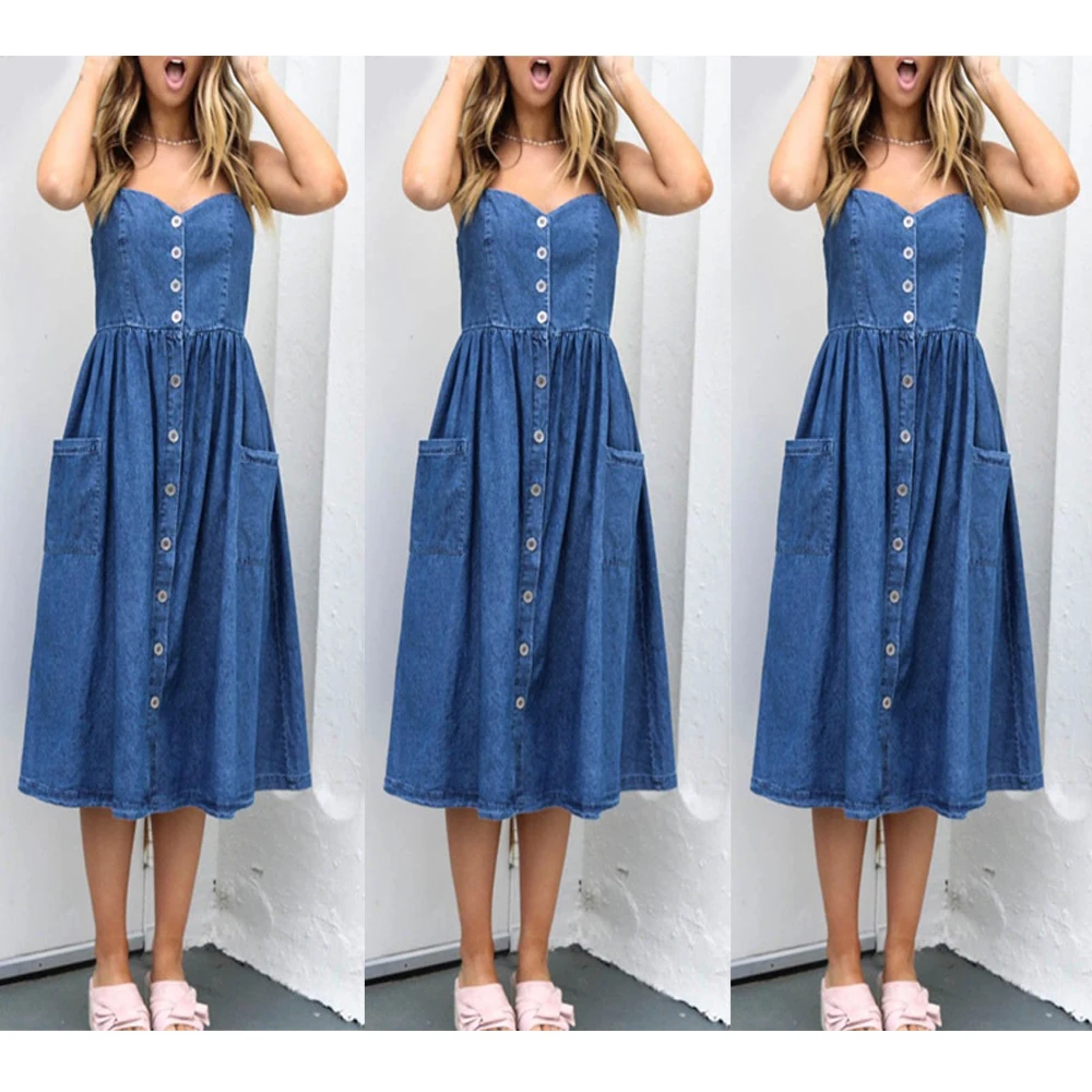 

Nantersan women's dress sexy suspender button pocket denim dress