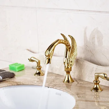 

Swan Faucet Widespread 3 Holes Vanity Sink Mixer Golden Brass
