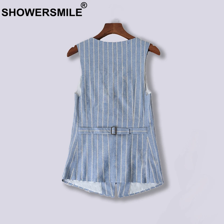 SHOWERSMILE Blue Suit Vest Women Stripe Cotton Waistcoat Ladies Slim Fit OL Sleeveless Jacket One Button Pockets Autumn Clothing SHOWERSMILE Blue Suit Vest Women Stripe Cotton Waistcoat Ladies Slim Fit OL Sleeveless Jacket One Button Pockets Autumn Clothing