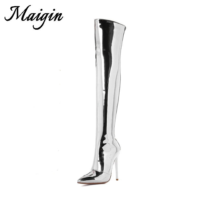 Maigin Winter Women Over The Knee Boots Pointed Toe Silver Booties 2018 Fashion Bling Big Size 34-43 High Heels Ladies Shoes