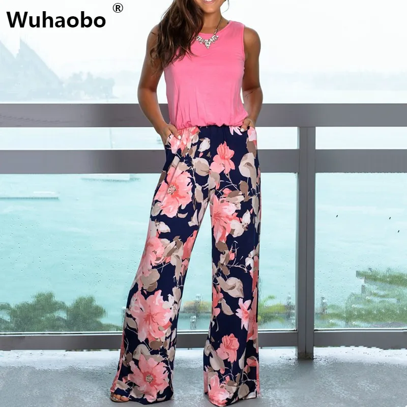 Wuhaobo طباعة الأزهار خليط بذلة بلوزات غير مغطية للكتف الصيف رومبير عارضة طويلة واسعة الساق ارتداءها البوهيمي فضفاض وزرة